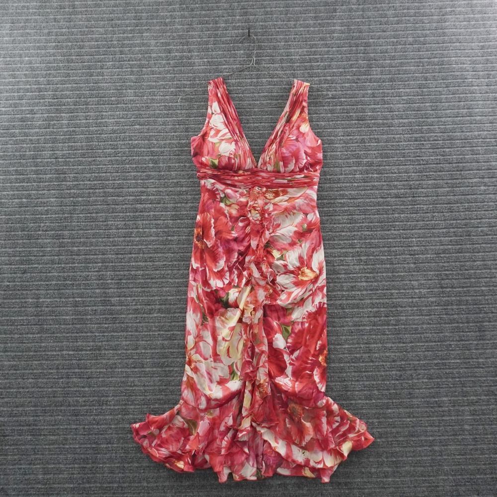 Alberto Makali Silk Floral Ruffle Dress Womens 10 Red Pink V-Neck Sleeveless